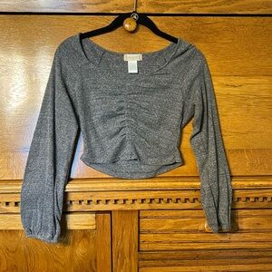 Altar'd State Gray Ribbed Crop Top Rounded V-Neck Stretch Long Sleeve